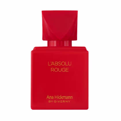 Frasco de perfume vermelho com rótulo dourado exibindo o nome "L'ABSOLU ROUGE" e a assinatura "Ana Hickmann by Giverny". O design é elegante e minimalista, com uma tampa quadrada no topo.