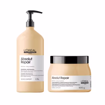 A imagem mostra dois produtos da linha Absolut Repair da L'Oréal Professionnel. Um é um shampoo profissional em uma embalagem plástica bege. O outro é um tratamento condicionante profissional em um pote bege com tampa preta.