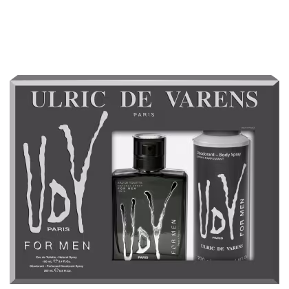 A imagem mostra um perfume em um frasco transparente preto de 100ml e um desodorante em spray de 200ml. Estão em uma caixa preta com detalhes em branco. A embalagem apresenta o logotipo da marca em letras brancas e formas abstratas que lembram galhos.