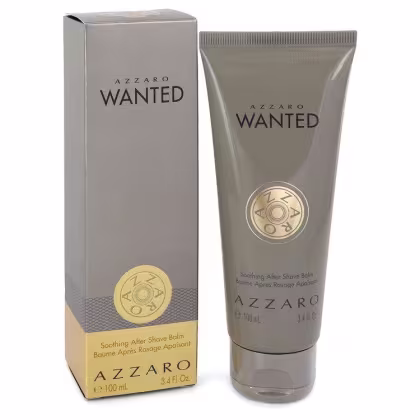 Produto de beleza da marca Azzaro, com embalagem em caixa e frasco cinza, contendo bálsamo pós-barba com rótulo "Wanted" em letras pretas e douradas.