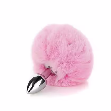 Plugue anal de metal com pompom de pelos rosa, produto da marca Sexy Import, com design elegante e discreto.