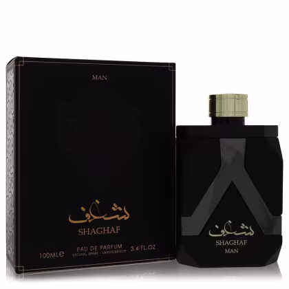 Perfume masculino da marca Lattafa Perfumes, com frasco preto e caixa preta com detalhes dourados, contendo 100 ml de produto. O rótulo exibe o nome "Shaghaf" em árabe e em inglês.