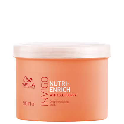 Pote de máscara capilar Wella Professionals Nutri-Enrich com Goji Berry, embalagem laranja com rótulo branco, contendo 500 ml do produto.