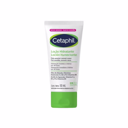 Tubo branco de 50 ml da marca Cetaphil, contendo loção hidratante para pele sensível e seca. Rótulo verde, azul e rosa destaca os ingredientes como óleo de abacate, vitaminas E e B3, e pro-vitamina B5.