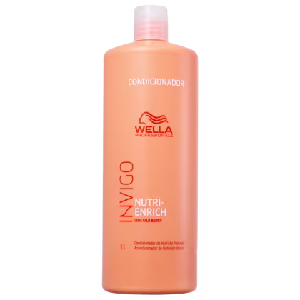 Frasco de condicionador Wella Professionals Invigo Nutri-Enrich com 1 litro, em embalagem laranja com detalhes em vermelho e branco, contendo informações sobre o produto e sua composição com goji berry.