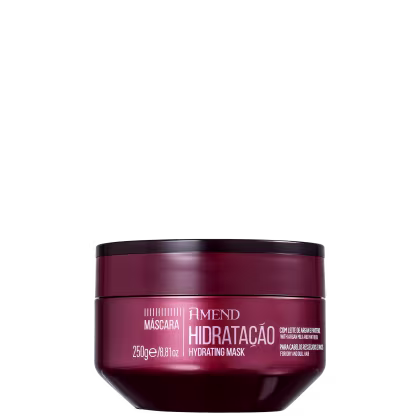 Máscara hidratante da linha Amend Cosméticos, em embalagem de pote vermelho escuro com tampa preta, contendo 250g do produto. O rótulo exibe o nome "Amend Hidratação" em letras brancas.