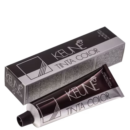Caixa e tubo de tinta para cabelo da marca Keune, com design gráfico em preto e cinza. O produto é chamado de "Tinta Color" e a embalagem exibe o logotipo da marca.