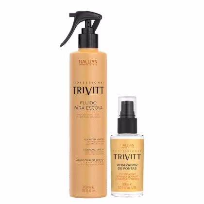 Dois produtos da marca Itallian Hairtech: um frasco spray de 300 ml com rótulo "Trivitt Fluido para Escova" e um frasco de 30 ml com rótulo "Trivitt Reparador de Pontas".