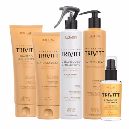 Produtos da marca Itallian Hairtech, incluindo shampoo, condicionador, tratamento de queratina e reparador de pontas, em embalagens de plástico e vidro com cores predominantes de laranja e branco.