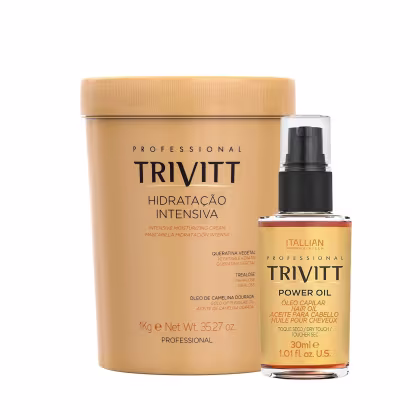 Embalagem amarela com rótulo "TRIVITT Hidratação Intensiva" e frasco preto com rótulo "TRIVITT Power Oil Óleo Capilar" da marca Itallian Hairtech, produtos de tratamento capilar profissional.