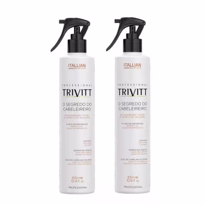 Dois frascos brancos de 300ml da linha Trivitt da Itallian Hairtech, com rótulos e gatilhos pretos. Os produtos são apresentados como fluidos de reparação para cabeleireiros profissionais.