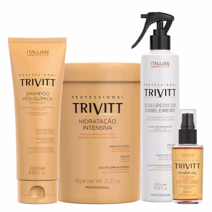 Produtos de tratamento capilar da marca Itallian Hairtech, incluindo shampoo pós-química, máscara hidratante intensiva e óleo capilar em embalagens de plástico e metal com cores predominantes bege e preto.
