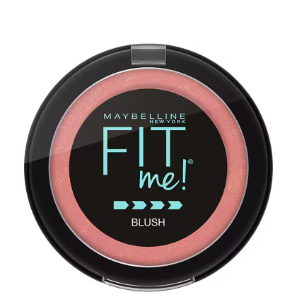 Embalagem redonda compacta preta com detalhes em azul. Logotipo "Fit me!" em letras turquesas, com a palavra "Blush" abaixo. Design minimalista e moderno.