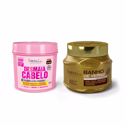 Dois produtos da marca Forever Liss Professional: um pote rosa de máscara capilar Desmaia Cabelo e um pote dourado de Banho de Verniz, ambos com rótulos e embalagens característicos da marca.