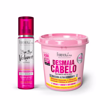 Dois produtos da marca Forever Liss Professional: um frasco rosa de 200ml do "Bye Bye Volume No Frizz" e um pote rosa de 350g da "Máscara Ultra-Hidratante Desmaia Cabelo".