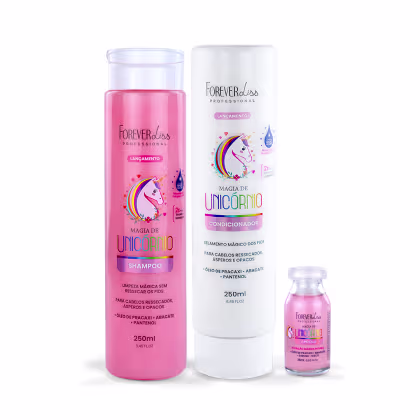 Produtos da linha Magia de Unicórnio da marca Forever Liss Professional, incluindo shampoo, condicionador e um frasco de tratamento, em embalagens com design colorido e ilustrações de unicórnio.