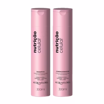Dois frascos rosa de 300ml da linha Acquaflora, contendo shampoo e condicionador para cabelos enfraquecidos ou estressados, com rótulos indicando os nomes dos produtos.