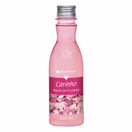 Frasco de vidro transparente rosa de 250ml, formato cilíndrico com tampa metálica prateada rosqueada. Exibe o logotipo "phytoderm", "Carinho"  e a descrição "água perfumada" abaixo. Na parte inferior, há uma imagem de vários ursinhos de pelúcia rosa.