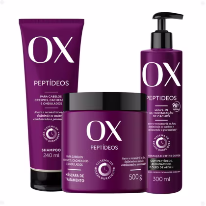 Imagem do produto Kit OX Peptídeos Cabelos Crespos, Cacheados e Ondulados: Shampoo 240ml, Máscara de Tratamento 500g e Leave-In 300g