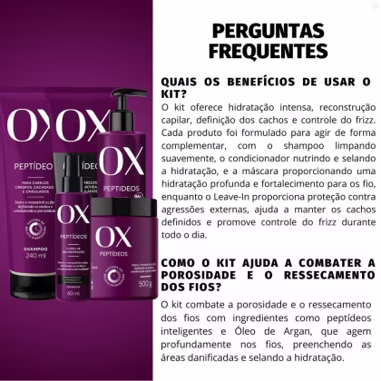 Imagem do produto Kit OX Peptídeos Cabelos Crespos, Cacheados e Ondulados: Shampoo 240ml, Condicionador 240ml, Máscara de Tratamento 500g, Leave-in 300g e Fluído de Rec