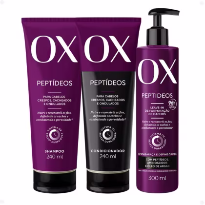 Imagem do produto Kit OX Peptídeos Cabelos Crespos, Cacheados e Ondulados: Shampoo 240ml, Condicionador 240ml e Leave-in 300g