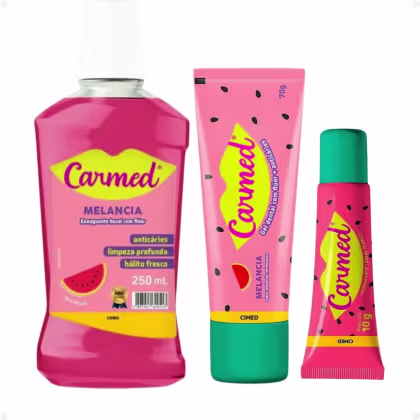 Imagem do produto Kit Carmed Melancia: Gel Dental, Enxaguante Bucal e Hidratante Labial