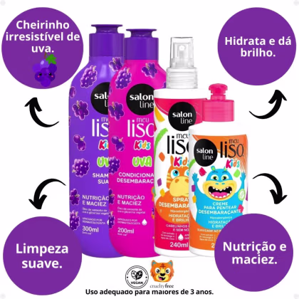 Imagem do produto Kit Salon Line Meu Liso Kids: Shampoo 300ml e Condicionador 200ml Uva + Creme para Pentear 250ml e Spray Desembaraçante 240ml