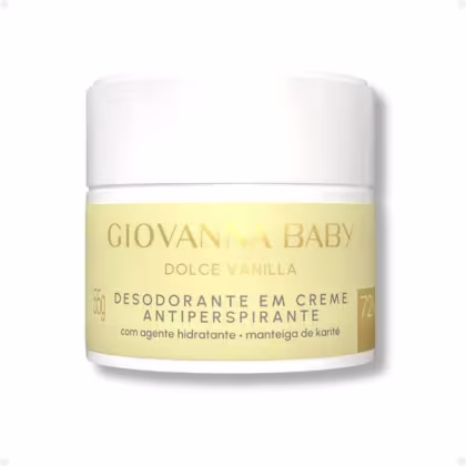 Desodorante em creme antitranspirante Giovanna Baby Dolce Vanilla, com manteiga de karité, em embalagem branca e amarela com rótulo destacado.