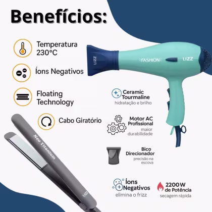 Imagem do produto Kit Lizz: Secador Fashion Verde 2200w 220v e Prancha Neo Titanium Cinza 230°C Bivolt