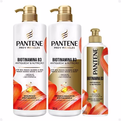Imagem do produto Kit Pantene Biotinamina B3 Antiqueda e Nutrição: Shampoo 510ml e Condicionador 510ml + Creme de Pentear 240g