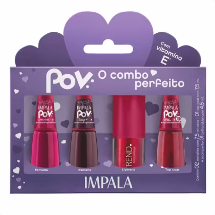 Imagem do produto Kit Impala Pov Antonela: 2 Esmaltes, 1 Top Coat e 1 Gloss Labial