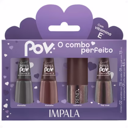 Imagem do produto Kit Impala Pov Marcella: 2 Esmaltes, 1 Top Coat e 1 Gloss Labial