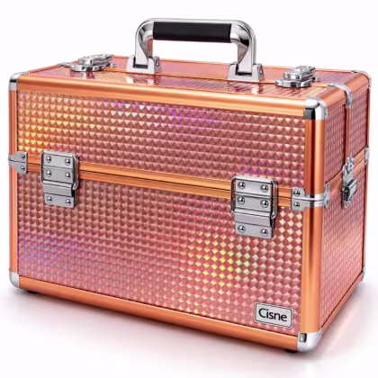 Imagem do produto Maleta de Maquiagem com Alça Cisne Salmão e Prata com 2 Bandejas Csn-a182