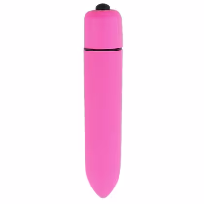 Vibrador rosa em formato cilíndrico com botão preto na extremidade superior. Embalagem compacta e discreta