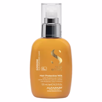 Frasco de 125 ml de leave-in protetor para cabelos da linha Sun Exposed Hair da Alfaparf Milano, com embalagem de vidro transparente e rótulo laranja com detalhes em preto e prata.
