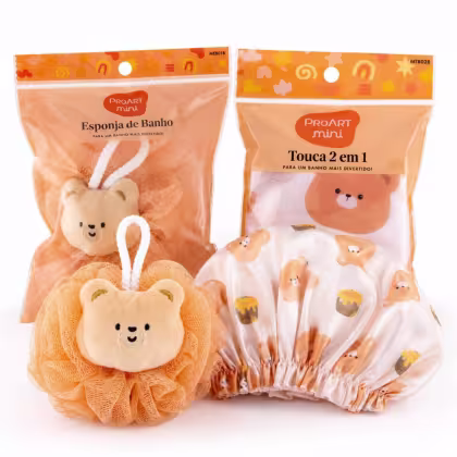 Imagem do produto Kit Proart Mini Urso: Touca De Banho 2 Em 1 e Esponja de Banho