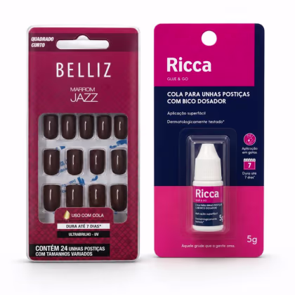 Imagem do produto Kit Belliz: Unhas Postiças Quadrado Curto Marrom Jazz e Cola De Unhas Ricca 5g