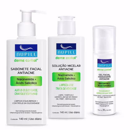 Imagem do produto Kit Nupill Derme Control Antiacne: Sabonete Facial 140ml, Solução Micelar 140ml e Gel Facial 30g