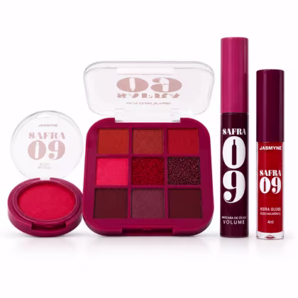 Imagem do produto Kit Jasmyne Safra 09: Paleta De Sombras, Blush Vermelho, Máscara E Gloss Coral