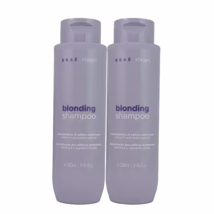 Dois frascos de shampoo Braé Stages Blonding, com 250ml cada, em embalagem cinza com texto em inglês e português indicando a neutralização de reflexos amarelados e pigmento violeta.