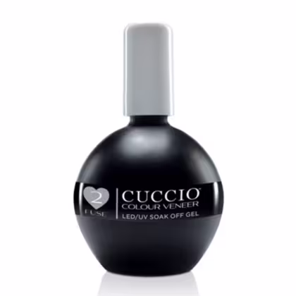 O frasco é de formato arredondado, com uma tampa branca na parte superior. A embalagem é predominantemente preta, com o logotipo da marca e a indicação "LED/UV Soak Off Gel" impressos em branco.