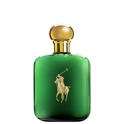 A imagem mostra um frasco de perfume verde, com tampa dourada e a logo da marca no frasco também em dourado.