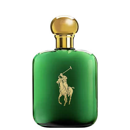 A imagem mostra um frasco de perfume verde, com tampa dourada e a logo da marca no frasco também em dourado.