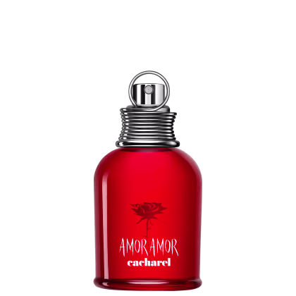 Frasco de perfume Amor Amor da Cacharel, com design moderno e elegante em vermelho brilhante. O rótulo destaca o nome da fragrância em letras brancas sobre o vidro vermelho.