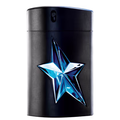 A imagem mostra um frasco de perfume masculino preto e sofisticado. Na parte da frente do frasco, destaca-se um grande e brilhante emblema na forma de uma estrela azul com refrações luminosas, aparentando ser feito de cristal ou vidro.