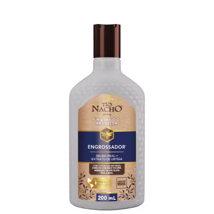 Frasco de shampoo Tío Nacho Engrossador, com 200 mL, apresentando embalagem branca com detalhes em dourado e azul, destacando ingredientes como geleia real e extrato de urtiga.