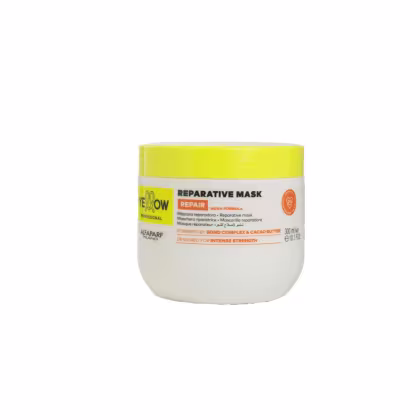 Pote branco com tampa amarela contendo máscara reparadora da linha Yellow Professional. Rotulado como "Reparative Mask Repair" e indicando que é formulado com complexo de ligação e manteiga de cacau.