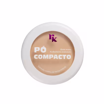 A imagem mostra uma embalagem de pó compacto branca, redonda, com a logo da marca 'RK' em roxo e nome do produto branco em destaque.