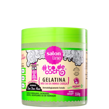 Pote verde-limão com rótulo rosa da linha Salon Line, contendo gelatina para cabelos ondulados, cacheados, crespos ou em transição, com informações sobre ser vegano e testado dermatologicamente.