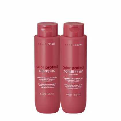 Dois frascos de 250ml da linha Color Protect da Braé, contendo shampoo e condicionador para cabelos coloridos. Os frascos possuem design cilíndrico e tampa rosqueável na cor vermelha, com o logotipo e nome da marca impressos.